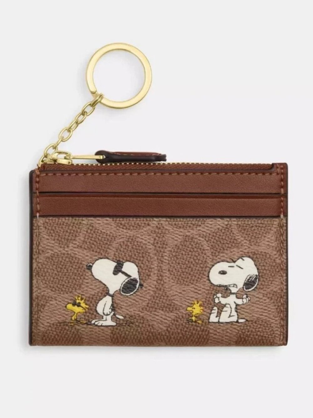 Coach X Peanuts Mini Skinny Id Case In Signature Canvas With Snoopy Print In Tan